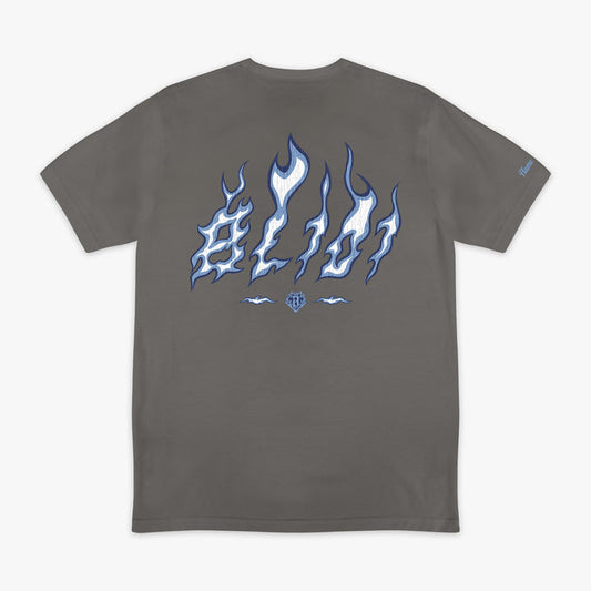 Flat lay back of gray tee with blue and white BL101 flame letter graphic and BL101 logo, "Flame" sleeve hit.