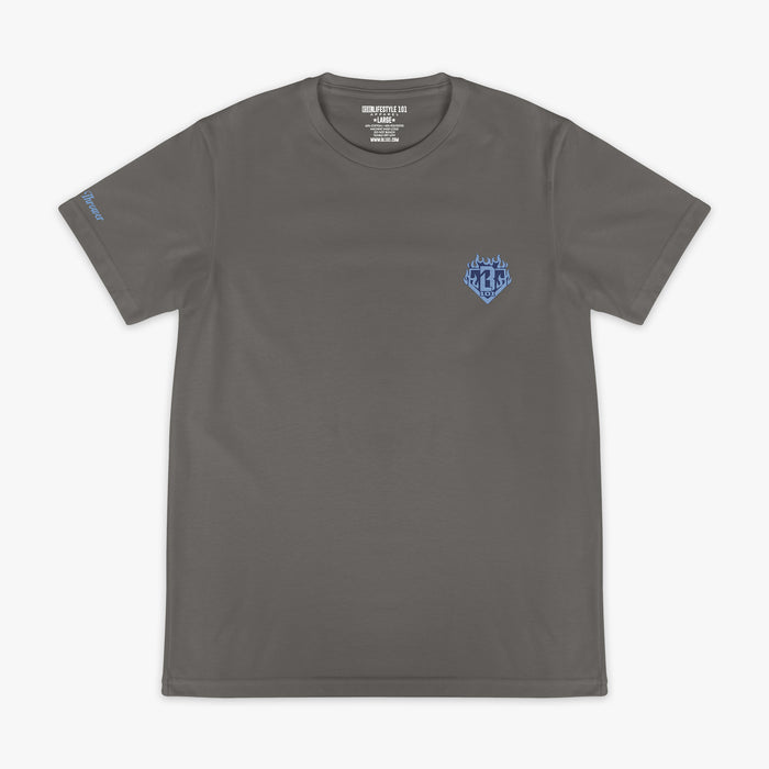 Flat lay front of gray tee with blue flame BL101 diamond chest graphic and "Flame" sleeve hit.