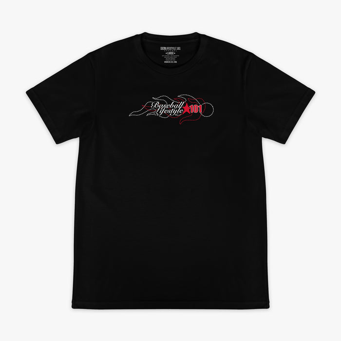 Flat lay front of black tee with stitched flame Baseball Lifestyle 101 chest graphic in white and red.