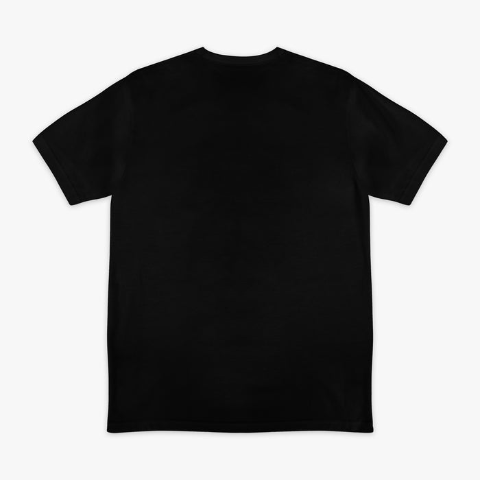 Flat lay back of black tee, plain with no graphic.