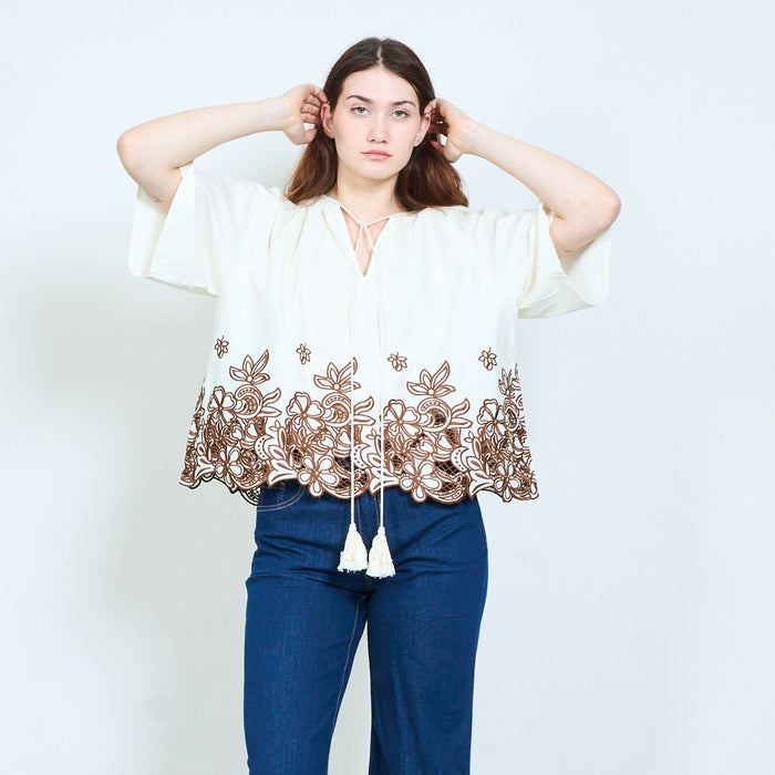 Floral border print tassel tie short sleeve blouse wholesale