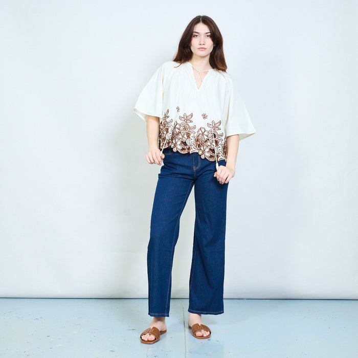 Floral border print tassel tie short sleeve blouse wholesale