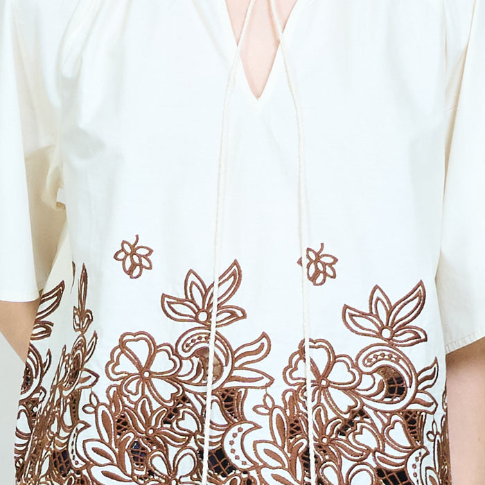 Floral border print tassel tie short sleeve blouse wholesale