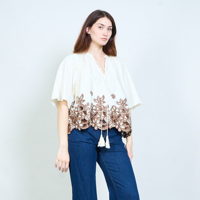 Floral border print tassel tie short sleeve blouse wholesale