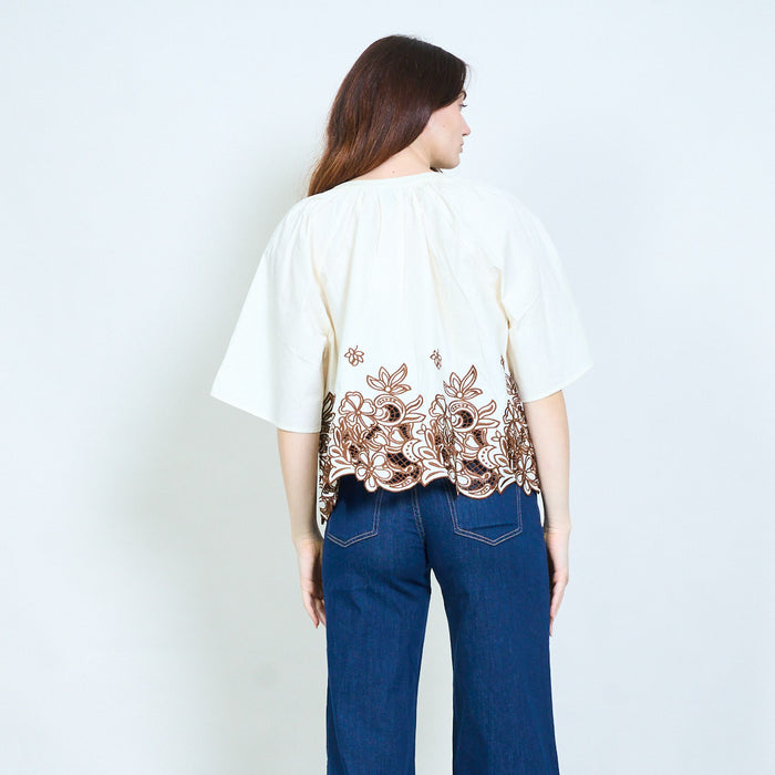 Floral border print tassel tie short sleeve blouse wholesale