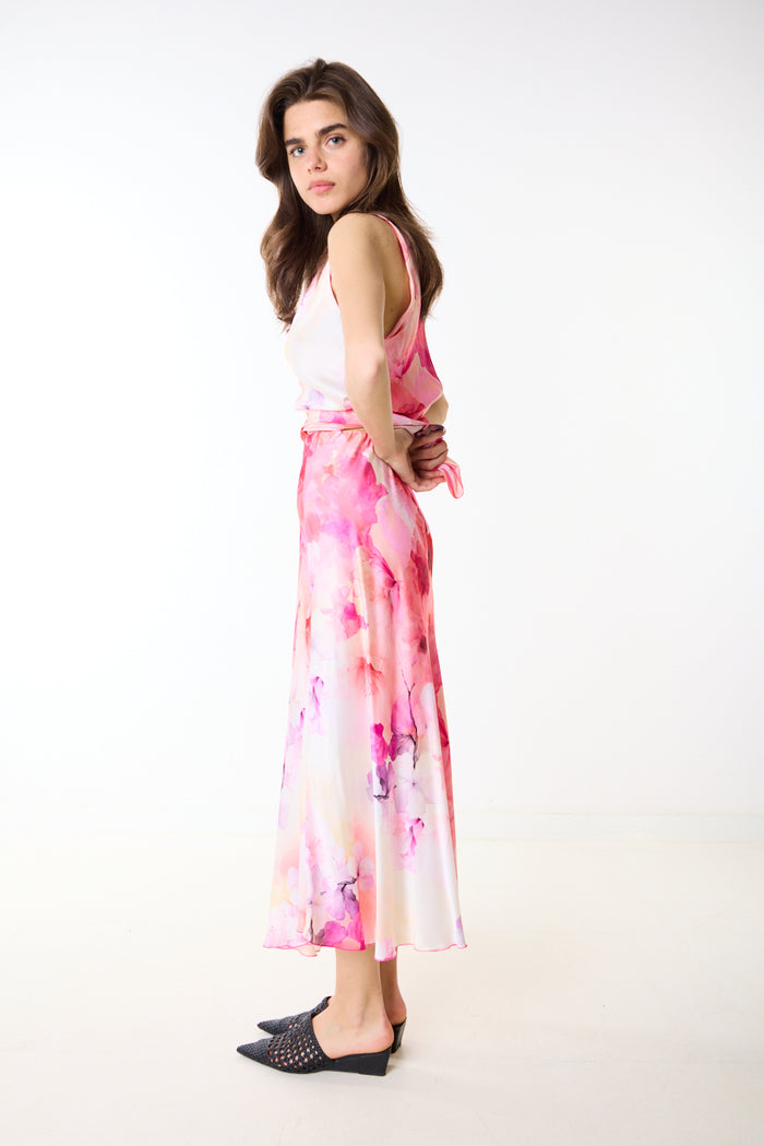 Floral chiffon asymmetric midi skirt wholesale
