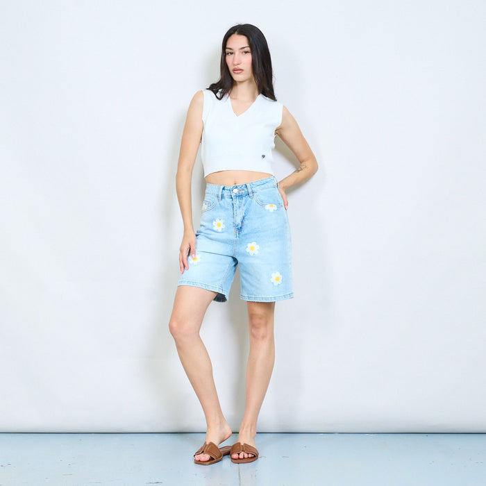 Floral embroidered denim bermuda shorts wholesale
