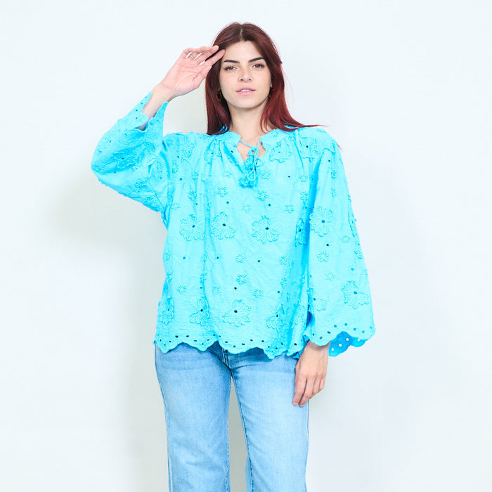 Floral embroidered tassel tie long sleeve blouse wholesale