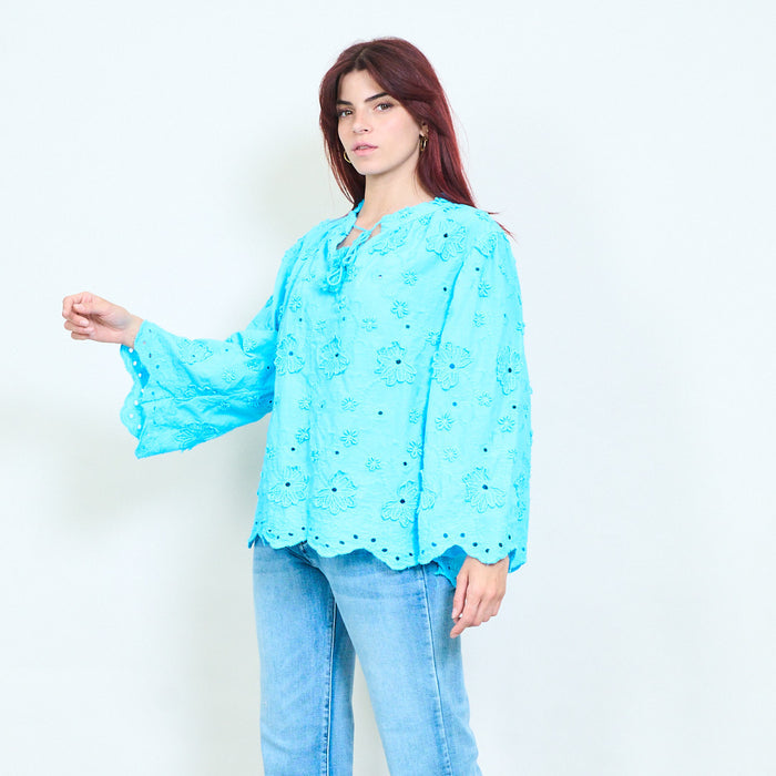Floral embroidered tassel tie long sleeve blouse wholesale