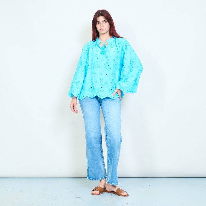 Floral embroidered tassel tie long sleeve blouse wholesale
