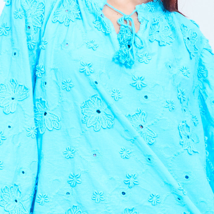 Floral embroidered tassel tie long sleeve blouse wholesale