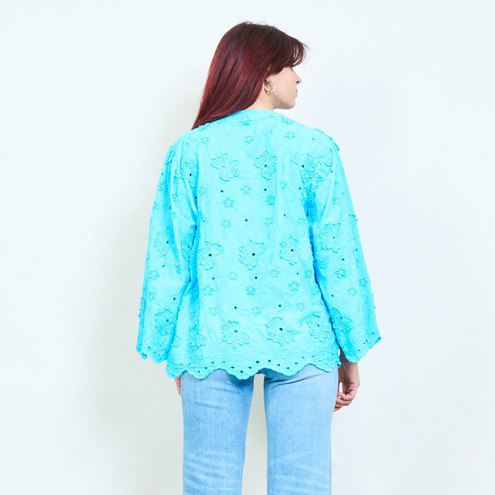 Floral embroidered tassel tie long sleeve blouse wholesale