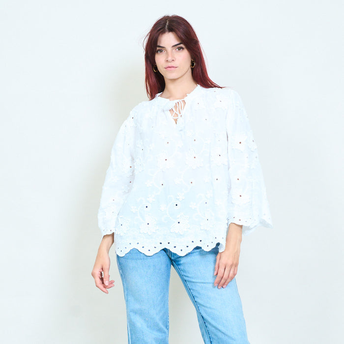 Floral embroidered tassel tie long sleeve blouse wholesale