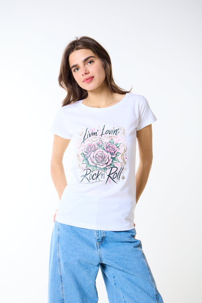 Floral graphic "Livin’ Lovin’ Rock’n Roll" printed fitted t-shirt wholesale