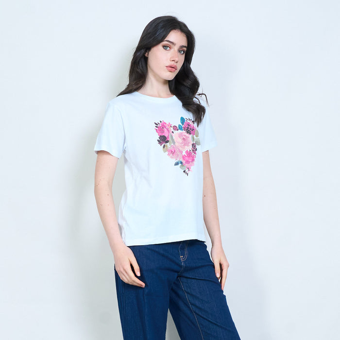 Floral heart embellished cotton touch t-shirt wholesale