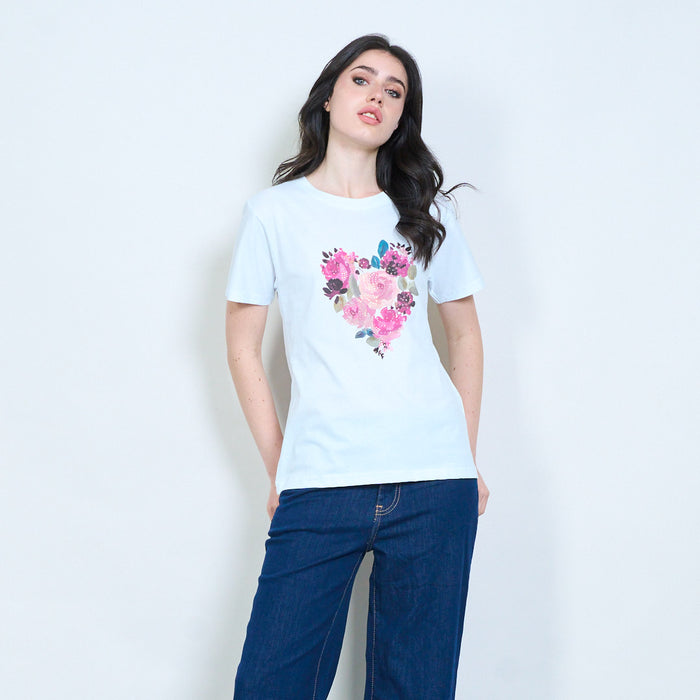 Floral heart embellished cotton touch t-shirt wholesale