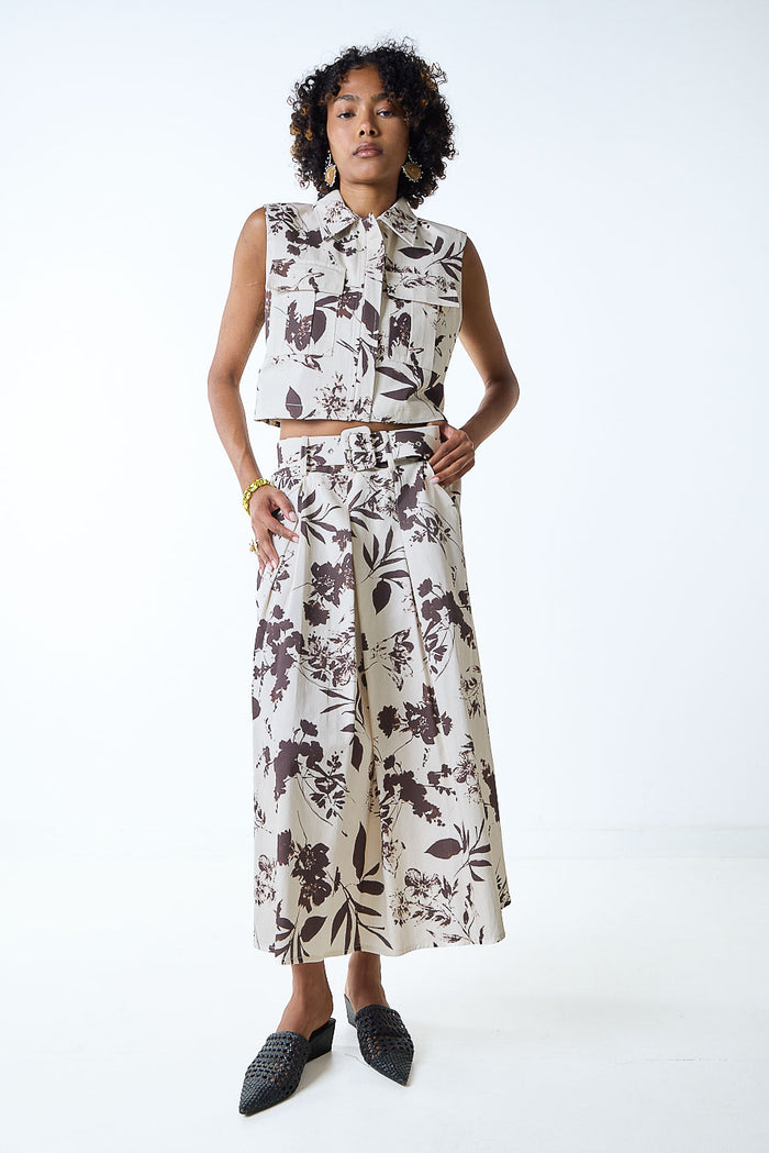 Floral printed belted flowy midi skirt wholesale