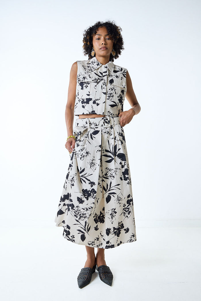 Floral printed belted flowy midi skirt wholesale