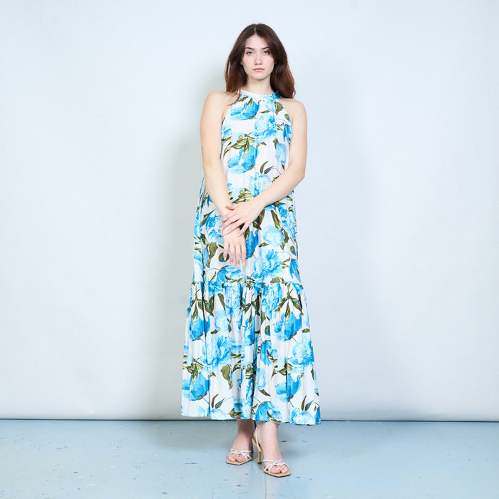 Floral printed halter neckline flowy maxi dress wholesale