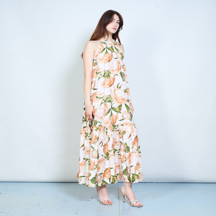 Floral printed halter neckline flowy maxi dress wholesale