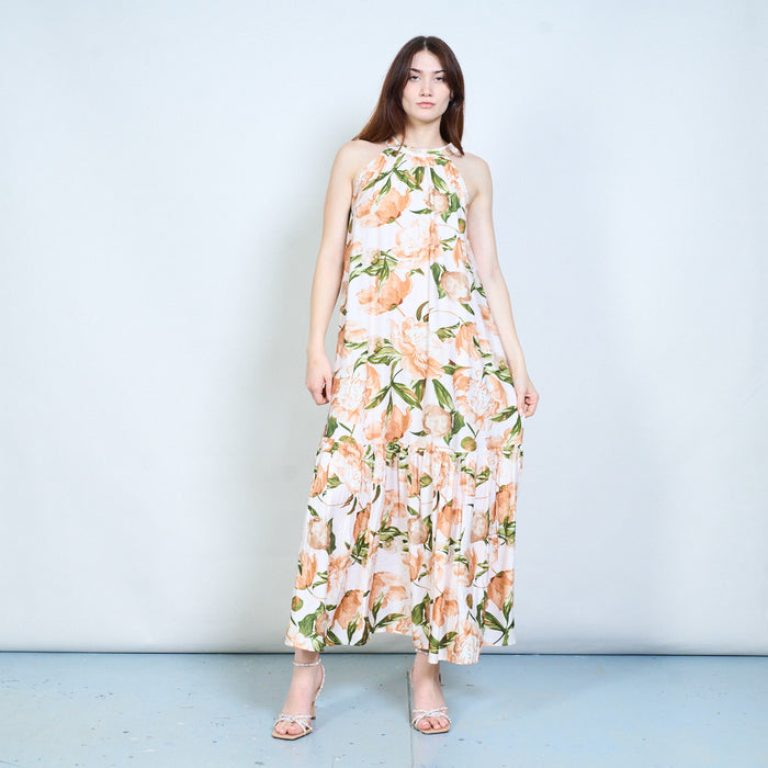 Floral printed halter neckline flowy maxi dress wholesale