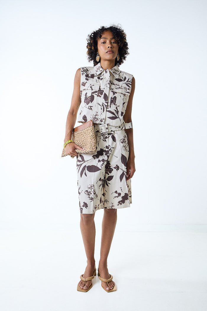 Floral printed sleeveless cropped utility shirt wholesale