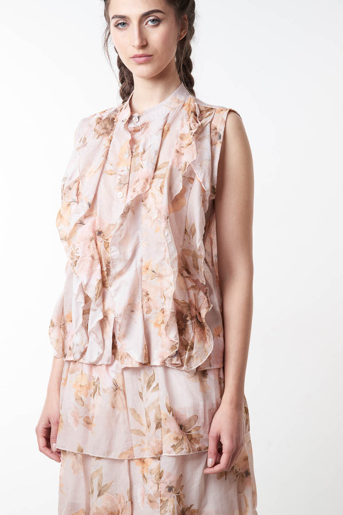 Floral ruffle layered sleeveless chiffon blouse wholesale