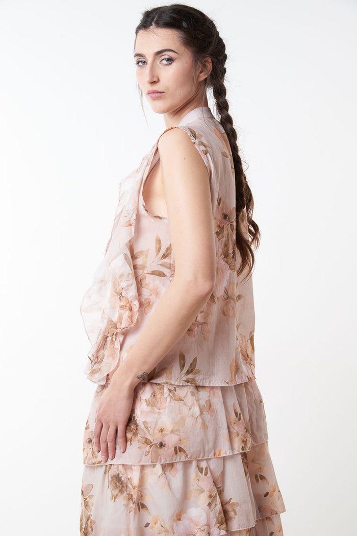 Floral ruffle layered sleeveless chiffon blouse wholesale