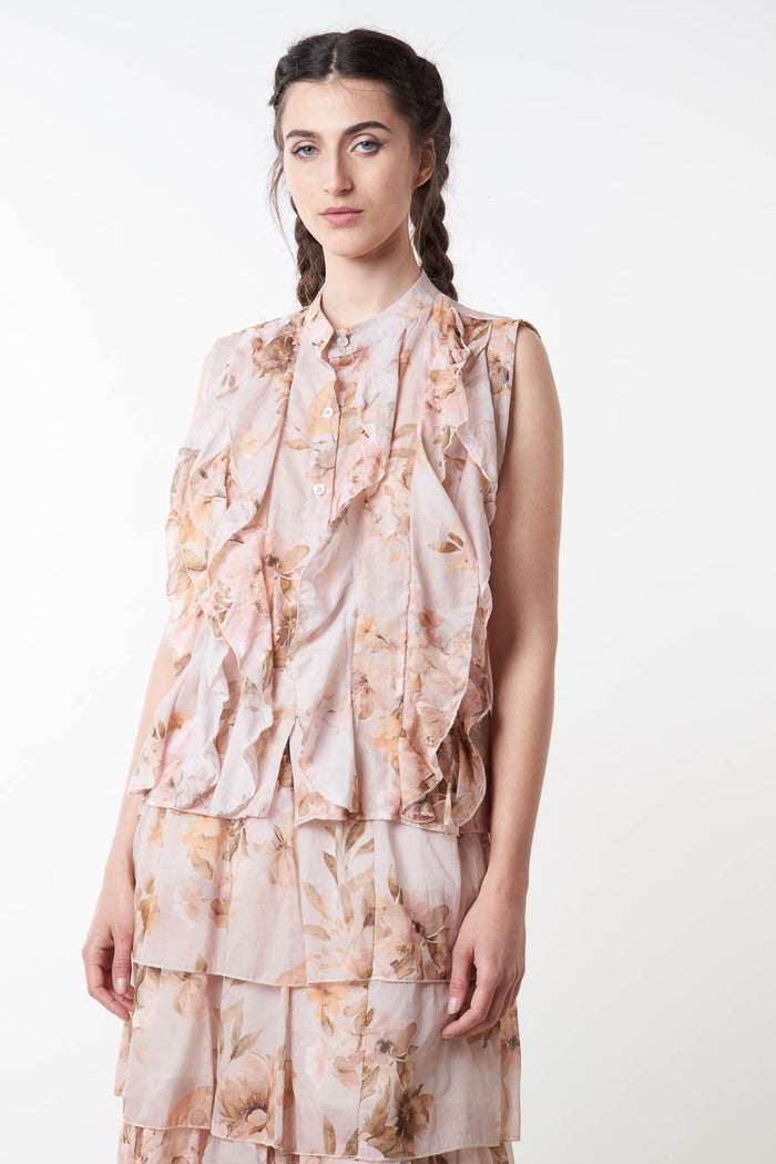 Floral ruffle layered sleeveless chiffon blouse wholesale
