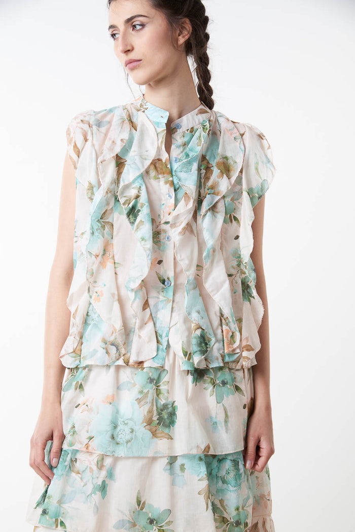Floral ruffle layered sleeveless chiffon blouse wholesale
