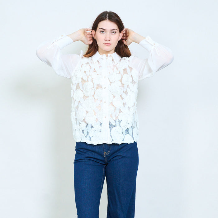 Floral textured sheer panel button down blouse with long sleeves wholesale
