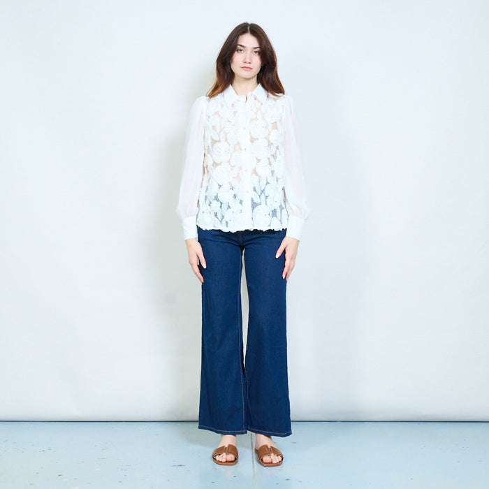 Floral textured sheer panel button down blouse with long sleeves wholesale
