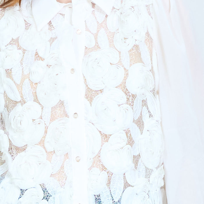 Floral textured sheer panel button down blouse with long sleeves wholesale
