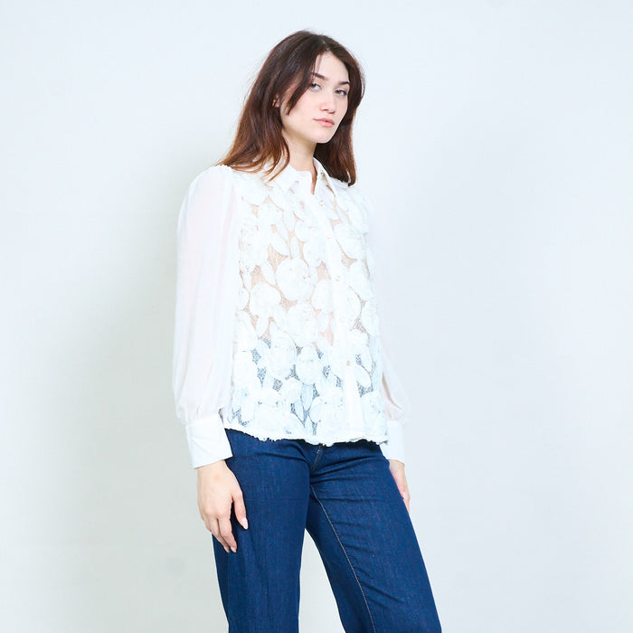 Floral textured sheer panel button down blouse with long sleeves wholesale