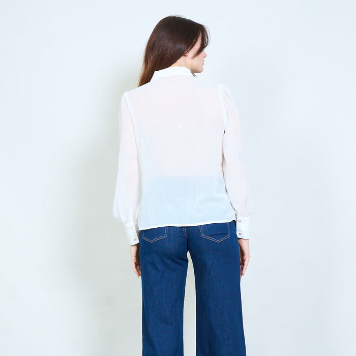 Floral textured sheer panel button down blouse with long sleeves wholesale