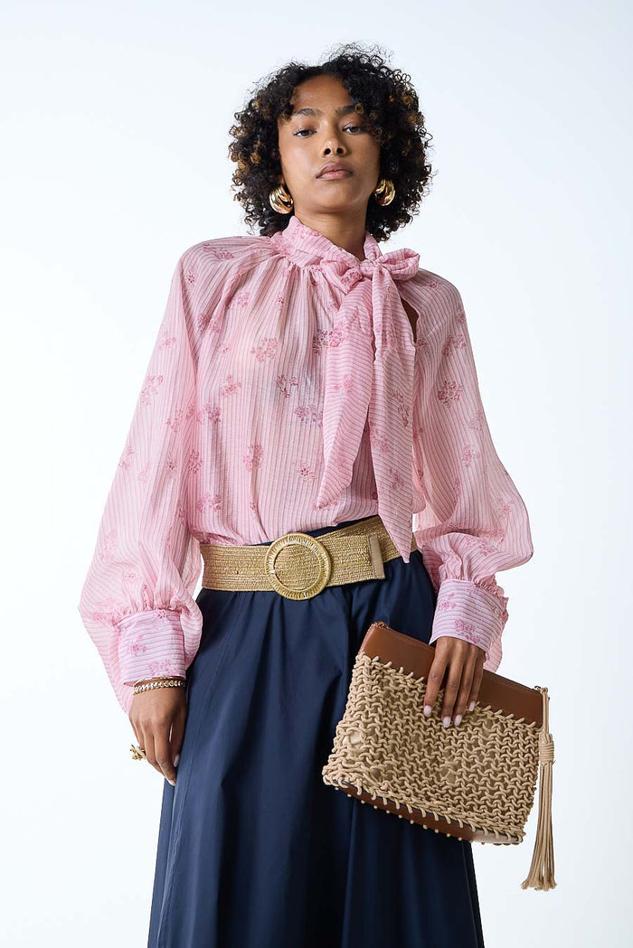 Floral textured tie neck long sleeve blouse wholesale