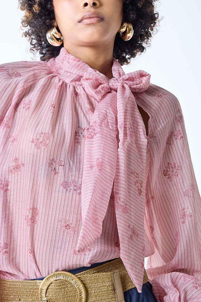 Floral textured tie neck long sleeve blouse wholesale