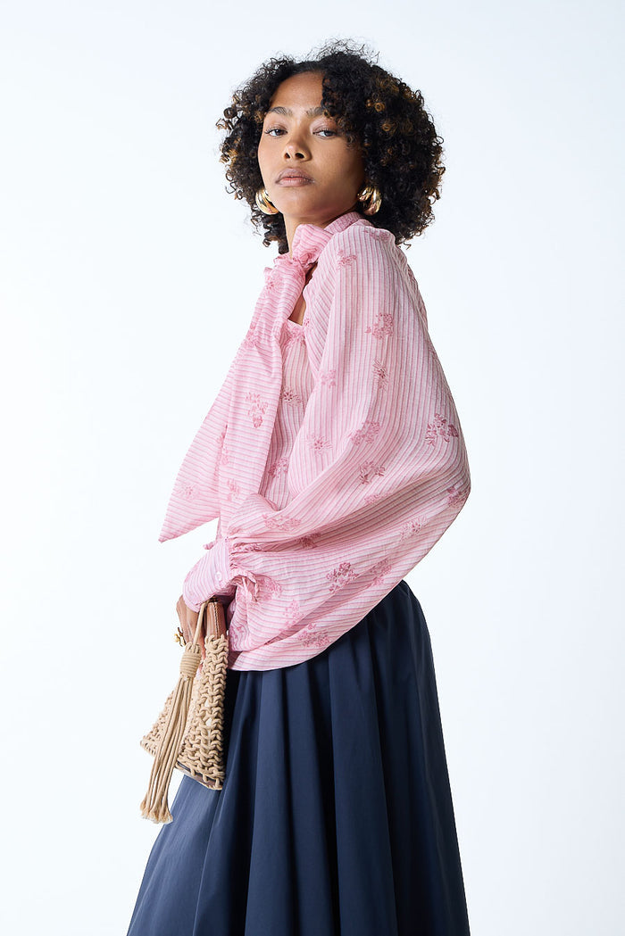 Floral textured tie neck long sleeve blouse wholesale