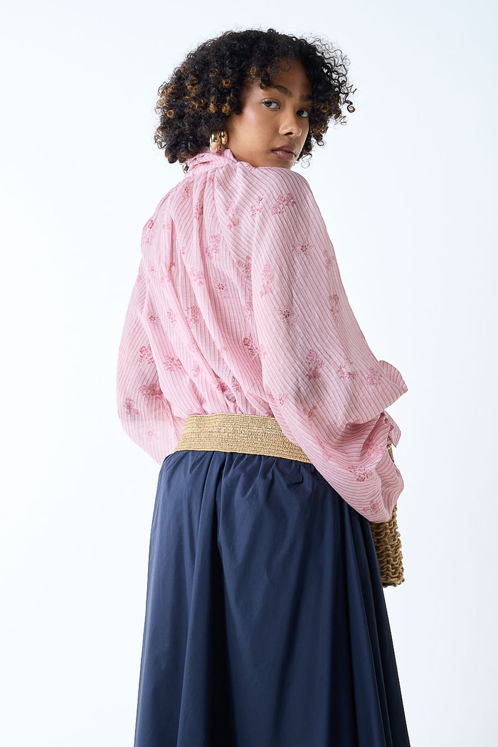 Floral textured tie neck long sleeve blouse wholesale