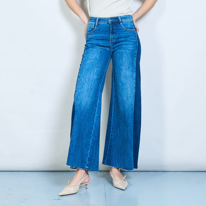 Flow wide-leg denim jeans with frayed hem finish wholesale