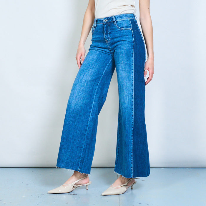 Flow wide-leg denim jeans with frayed hem finish wholesale