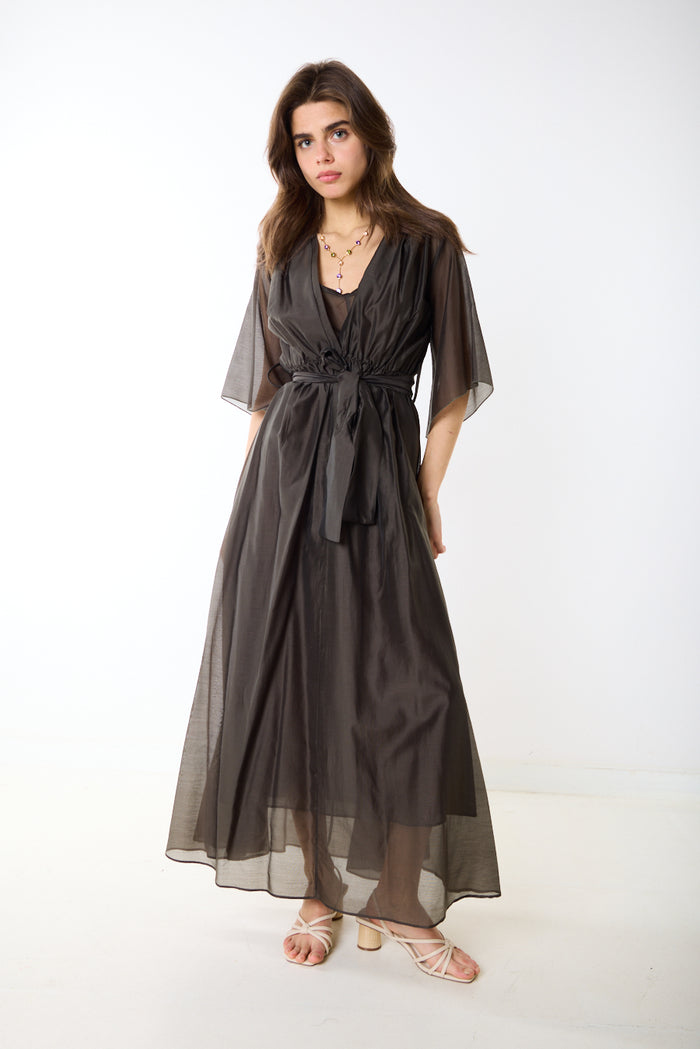 Flowing draped v neck tie waist maxi dress wholesale