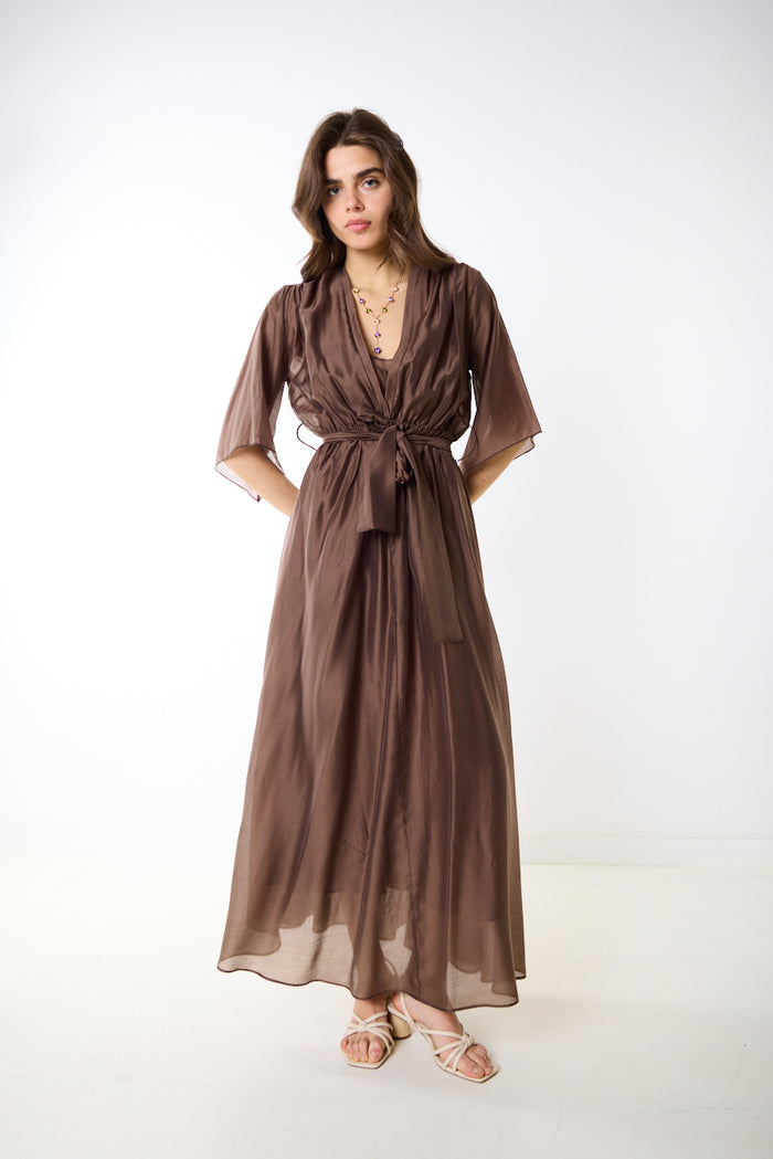 Flowing draped v neck tie waist maxi dress wholesale