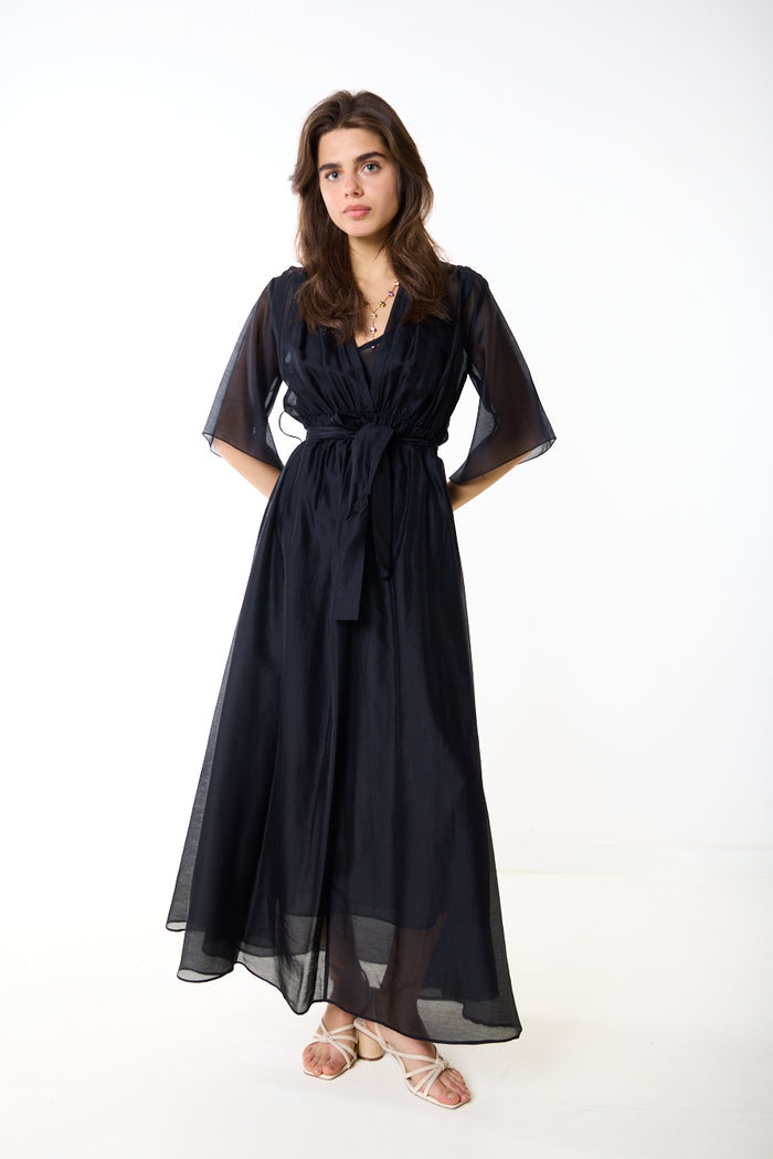 Flowing draped v neck tie waist maxi dress wholesale