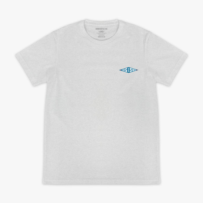 Heather gray short sleeve tee with blue diamond-shaped Stars and Swings logo on left chest on white background