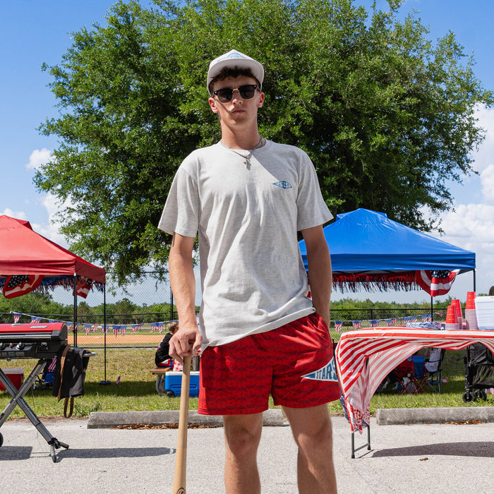 Full body adult male model wearing heather gray Freedom Swings tee with red shorts holding baseball bat at outdoor baseball event