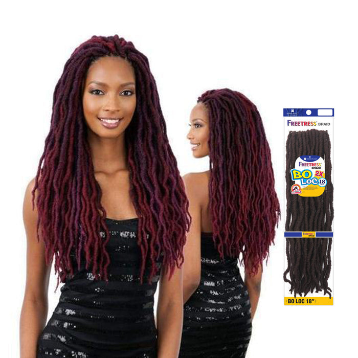 Woman wearing burgundy faux locs with packaging Freetress 2x Bo Loc 18 inch braids by SHAKE N GO