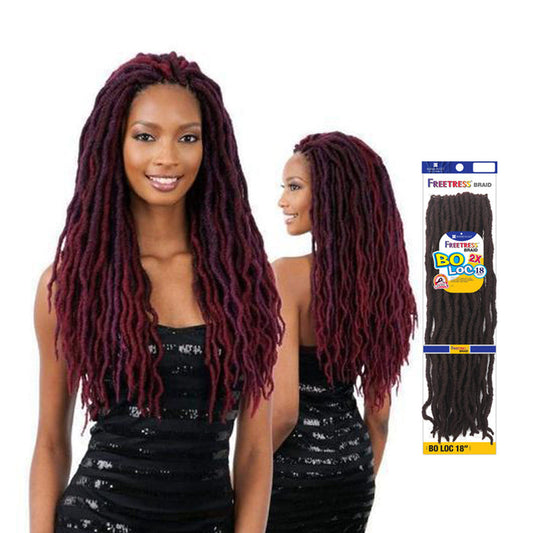 Woman wearing burgundy faux locs with packaging Freetress 2x Bo Loc 18 inch braids by SHAKE N GO