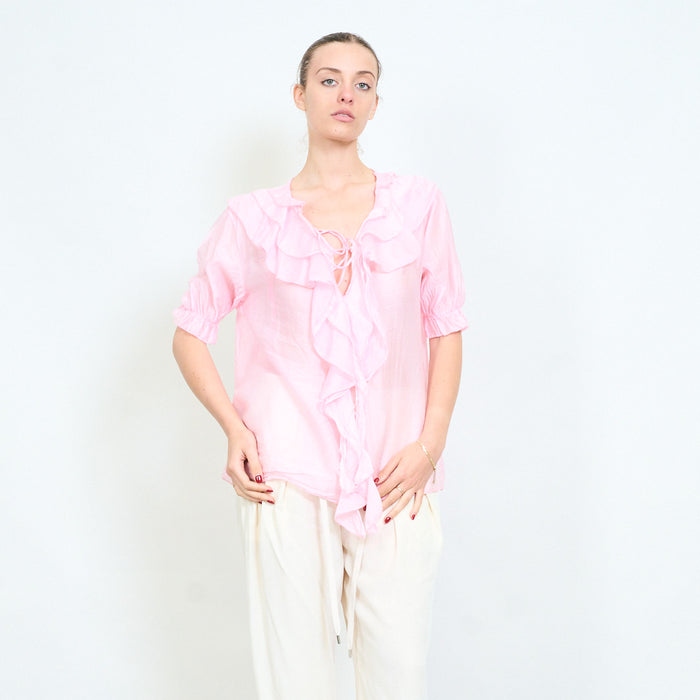 Front cascade ruffle short sleeve blouse wholesale