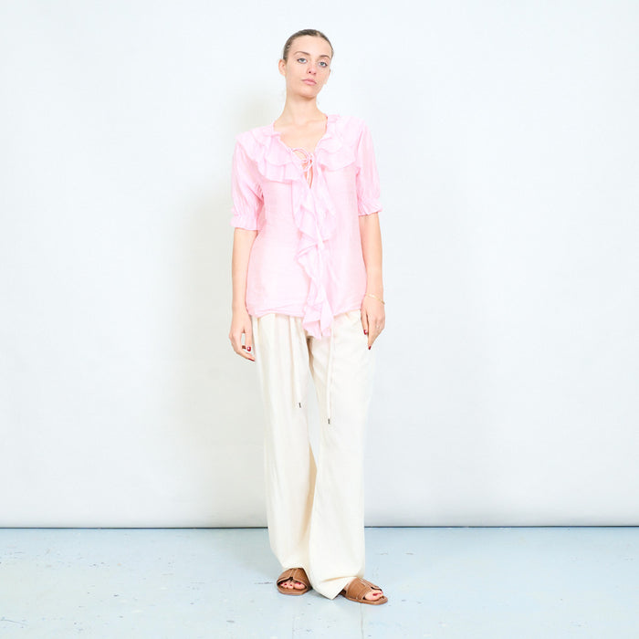 Front cascade ruffle short sleeve blouse wholesale
